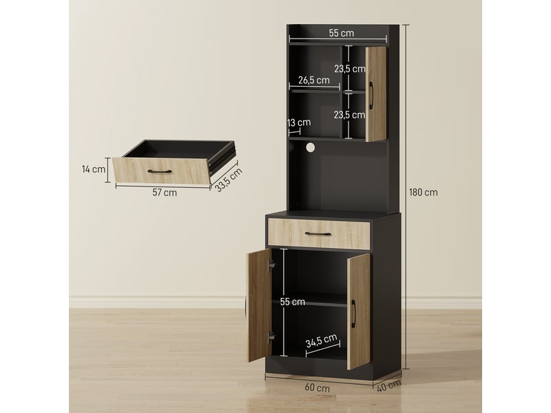  Meuble de cuisine avec plan de travail et passe-câbles, commode de cuisine moderne avec tiroir, 3 étagères ouvertes, bois naturel, noir  - Conforama E