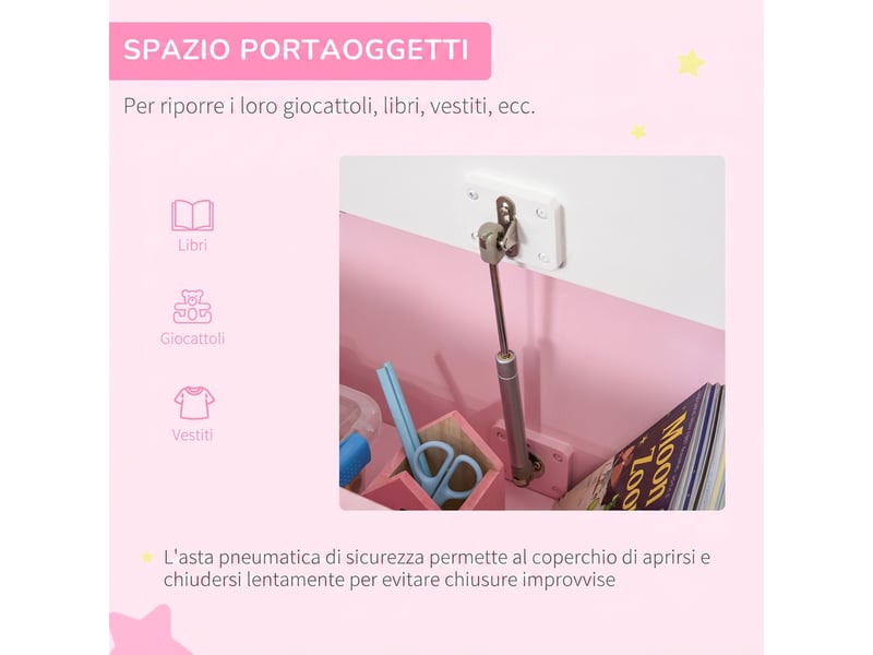  Coffre de rangement en bois pour enfants de 2 à 5 ans, avec piston pour une fermeture sécurisée, capacité de 40 kg, rose et blanc  - Conforama E