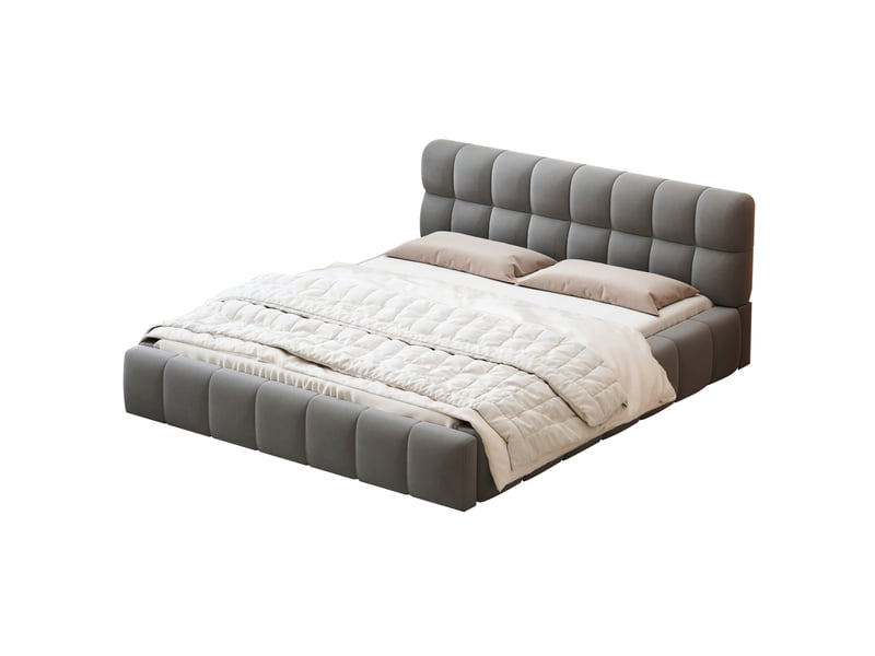  Lit double rembourré en tissu lin 140x190cm-gris - tête de lit capitonnée design et structure robuste  - Conforama A