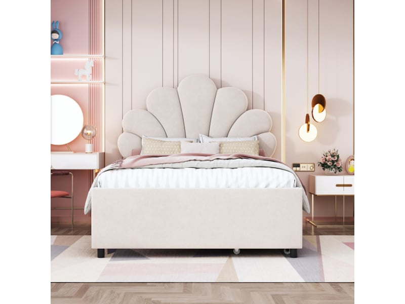Lit enfant 90x200 cm avec tête de lit fleurie et sommier à lattes, avec 2 tiroirs, sans matelas, beige - Conforama C