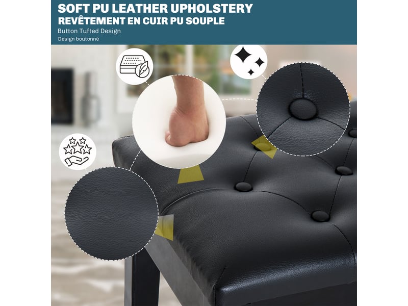  Banquette tabouret siège pour piano avec coffre de rangement pied bois caoutchouc assise capitonnée noir  - Conforama D