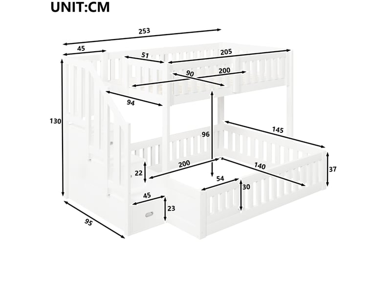  Lit superposé 90x200 et 140x200 cm blanc avec escalier de rangement  - Conforama C