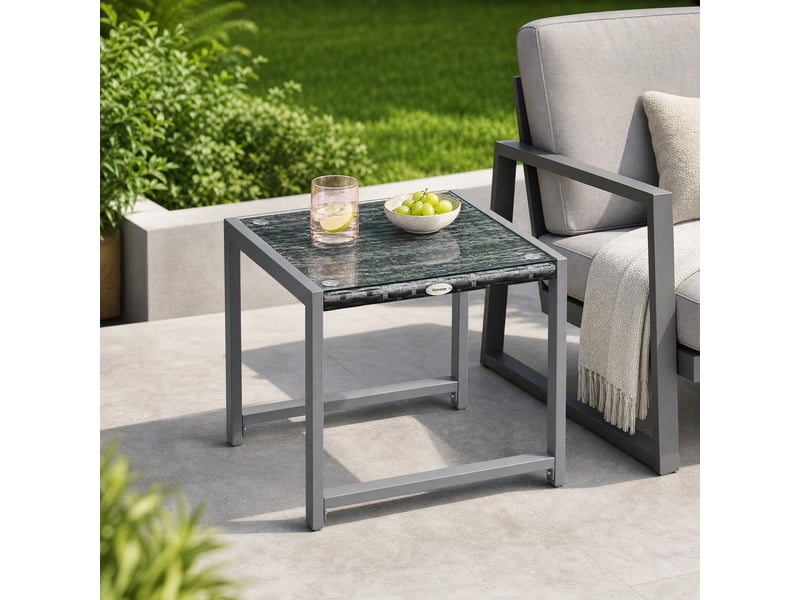  Table de jardin bistrot carrée en résine tressée et verre trempé, pour balcon et terrasse, grise, 50 × 49,5 × 50 cm  - Conforama C