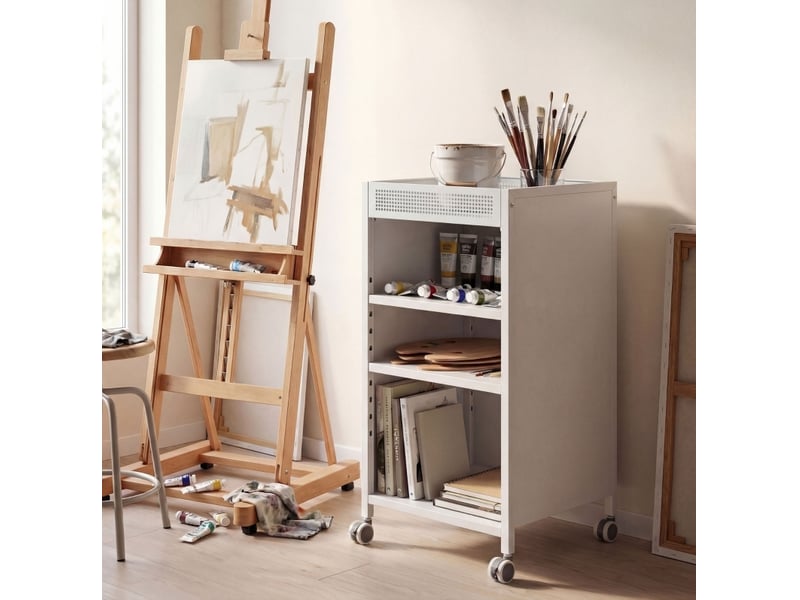  Bibliothèque à roulettes tcqpz 35 x 34 x 69,5 cm avec 2 étagères réglables et panier supérieur en métal blanc  - Conforama D
