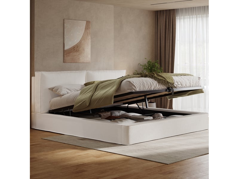  Lit coffre adulte 180x200 cm bouclé beige avec sommier à lattes et tête de lit  - Conforama D