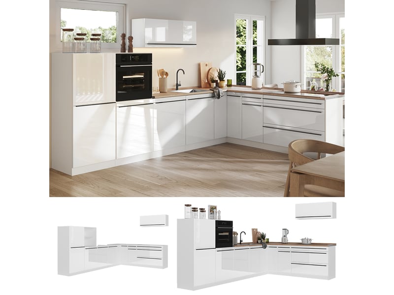 Vicco cuisine en angle, blanc haute brillanceblanc, 327 x cm plan de travail anthracite - Conforama D