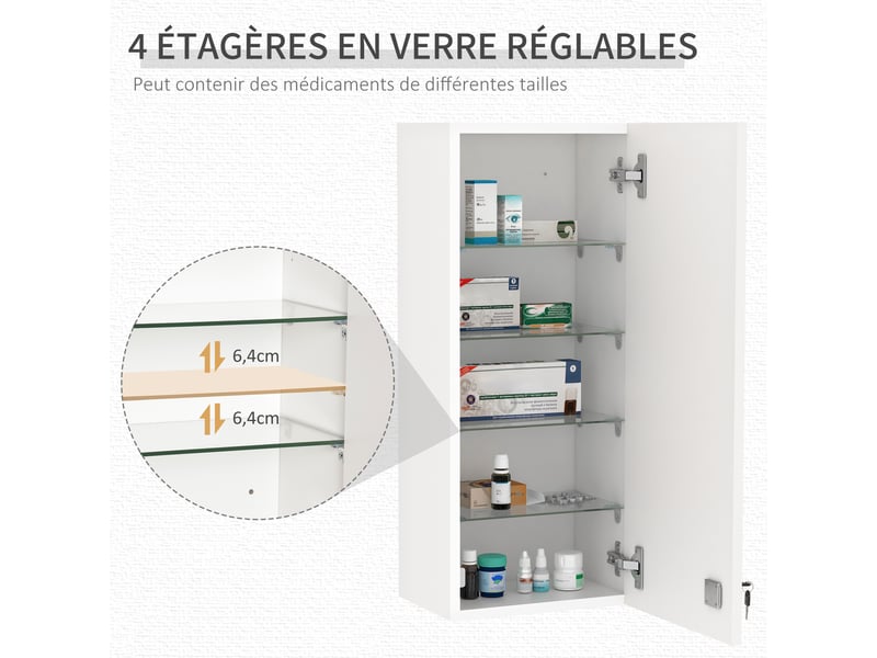 Armoire à pharmacie murale avec serrure, 5 étagères et tablettes réglables, bois et verre, 30x20x70cm, blanc - Conforama A