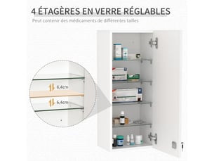 Armoire à pharmacie murale avec serrure, 5 étagères et tablettes réglables, bois et verre, 30x20x70cm, blanc