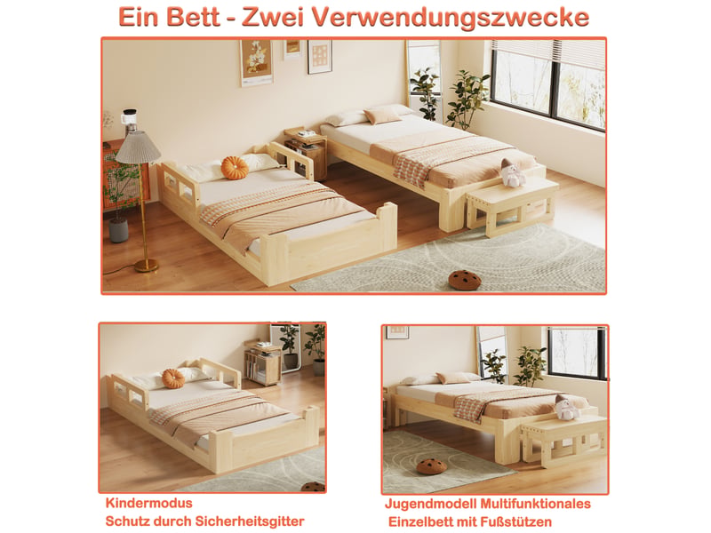  Lit enfant évolutif 90 x 200 cm en bois naturel, lit au sol avec barrières de sécurité, sommier à lattes, convertible en lit simple avec banquette  - Conforama E