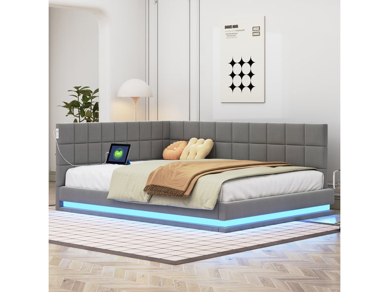  Lit banquette enfant 140 x 200 cm avec led, usb et sommier à lattes, lin, gris Fay Lum - Conforama B