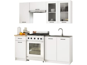 Ensemble de cuisine vitré akord oliwia 1.8m h720 blanc 180 cm 7 portes 1 tiroir façade blanche 8 étagères 180x46x203 cm