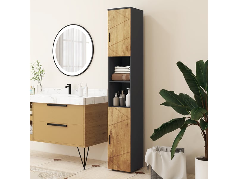  Meuble de salle de bains à 2 portes, étagère réglable et 2 compartiments, 30 x 30 x 183 cm, chêne gris foncé  - Conforama D
