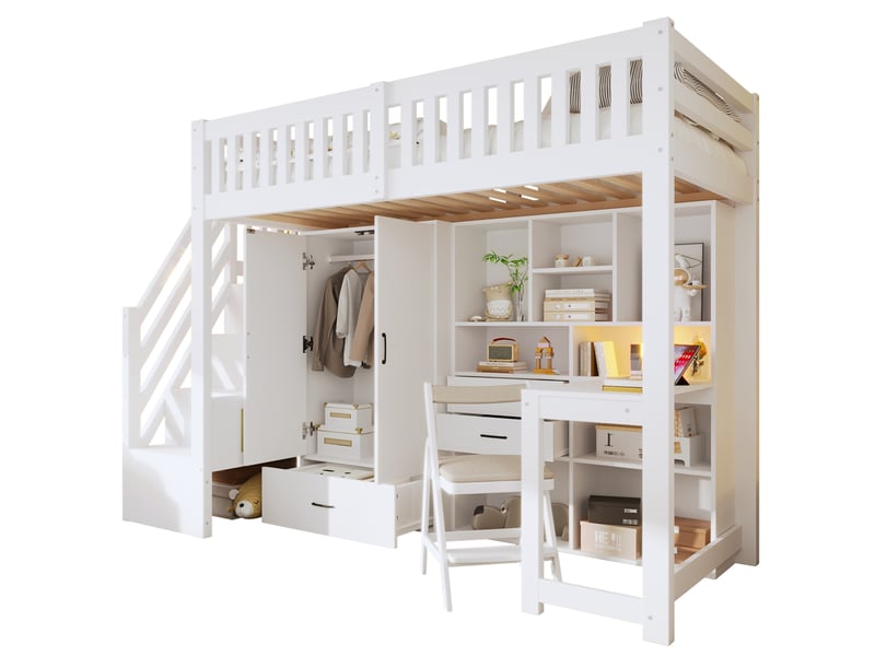  Lit mezzanine enfant 90x200 cm avec bureau, amoire et rangement blanc  - Conforama A
