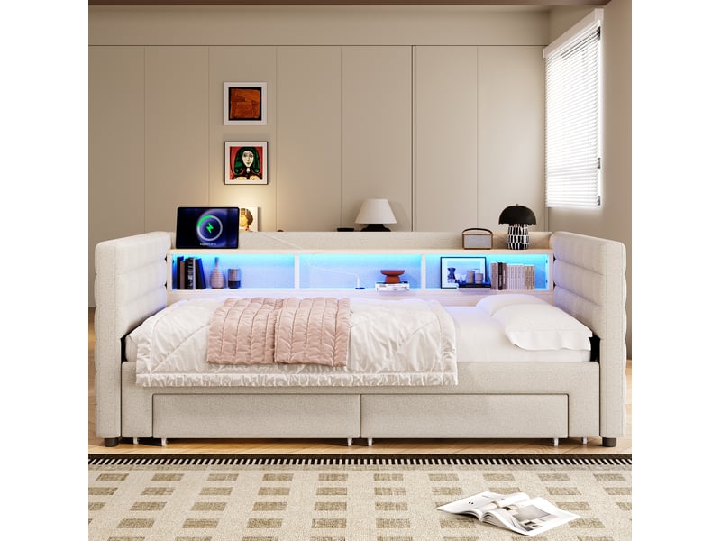Lit enfant gigogne 90x190 cm avec led, 2 tiroirs, style minimaliste moderne, usb‑c velours beige sans matelas - Conforama B