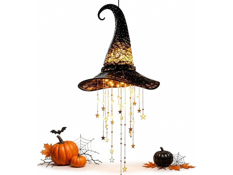  1 pièce décoration halloween suspendue, chapeau de sorcière lumineux led avec étoiles en cascade, pour porche, terrasse et entrée  - Conforama A