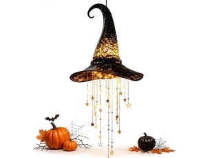 1 pièce décoration halloween suspendue, chapeau de sorcière lumineux led avec étoiles en cascade, pour porche, terrasse et entrée