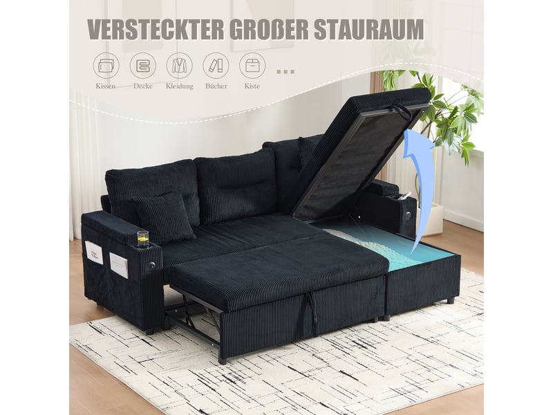  Canapé d’angle convertible 3 places 212,5 x 136 x 86 cm avec coffre sous la méridienne, lit tiroir et ports usb-c, velours côtelé, noir Morn Vibe - Conforama D