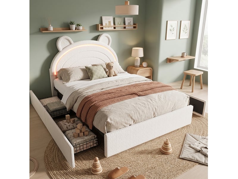  Lit enfant 140 × 200 cm avec 4 tiroirs, tête de lit ours et éclairage led contrôlé par application 208 × 147 × 115 cm  - Conforama D