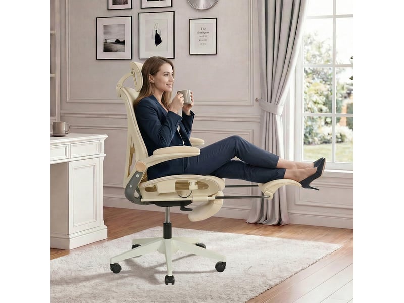  Chaise de bureau ergonomique pliable en maille, coloris crème  - Conforama C