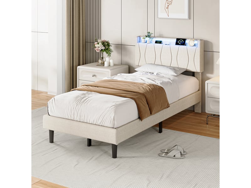  Lit enfant 90x200 cm, lit 1 place avec tête de lit, led, rangement et sommier, port usb et usb-c, lin, beige, sans matelas  - Conforama E