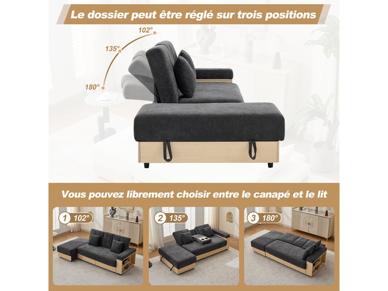 Canapé convertible 3 places, tissu chenille gris avec accoudoirs, canapé lit avec coffre de rangement et tiroirs pour salon moderne  - Conforama D