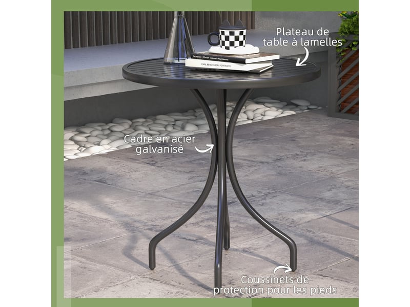 Table de bistrot ronde en acier galvanisé plateau à lattes noir ø 66 cm - Conforama D