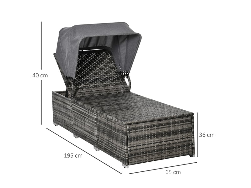 Bain de soleil ulevr en rotin pe gris 195 x 65 x 40 cm avec auvent ouvrant, dossier réglable 4 positions et coussins - Conforama C