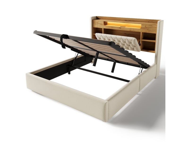  Lit coffre 140 × 200 cm, lin, beige, led, usb-c IKSETERA TRADING LTD - Conforama R