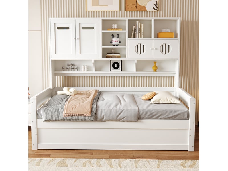 Lit banquette 90x200 cm – blanc – coffre hydraulique et rangements intégrés de tête de lit, sans matelas - Conforama B