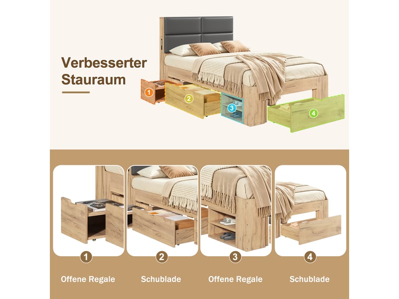 Lit simple enfant 90 x 200 cm avec éclairage led et usb-c, étagères et tiroir, lit rembourré, tête de lit confortable, mdf, couleur bois Morn Vibe - Conforama E