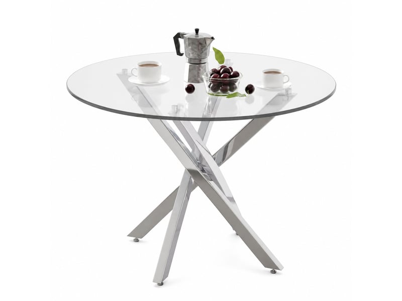  Table à manger ronde 80 x 80 x 75 cm en verre trempé, pieds croisés en métal argenté  - Conforama A