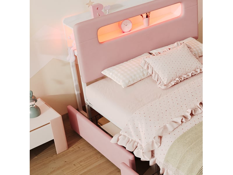  Lit enfant 140x200 cm, 4 tiroirs, tête de lit avec rangement, led pilotable, velours rose, sans matelas  - Conforama E