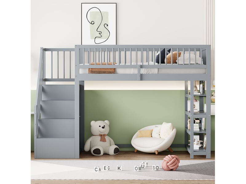 Lit mezzanine 90x200 cm rangement bois gris sans matelas - Conforama D