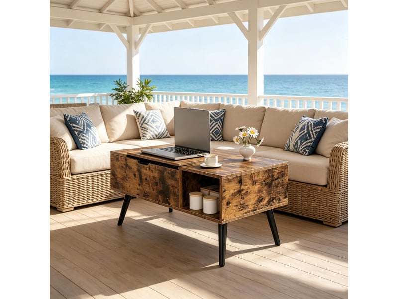  Table basse relevable rangement généreux table basse avec rangement plateau réglable en hauteur table d'appoint multifonctionnelle usage comme table de repas  - Conforama E