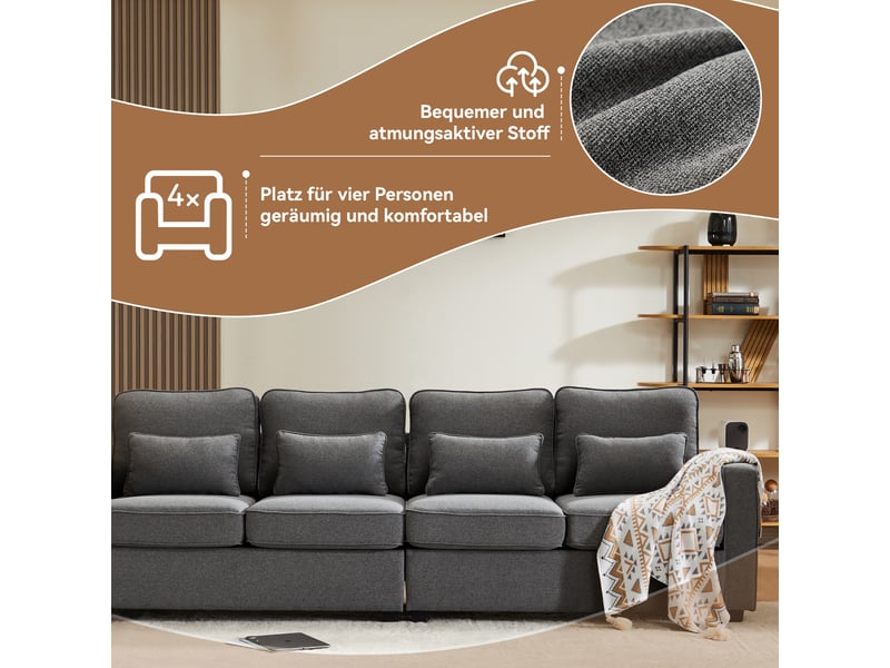 Canapé 4 places - poches latérales - 4 coussins inclus - tissu aspect lin - mobilier de salon - assise confortable - gris foncé - Conforama E