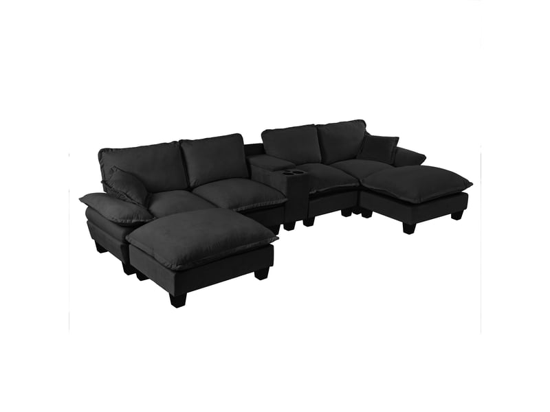 Canapé modulable, canapé de salon, noir, porte-gobelets, usb, style cloud, mobilier pour espace de vie, en chenille - Conforama B
