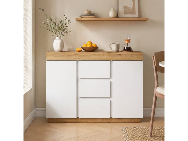  Commode modenvie 3 tiroirs et 2 portes 120,5 x 40,2 x 82,5 cm panneaux de particules e1 blanc et chêne  - Conforama D