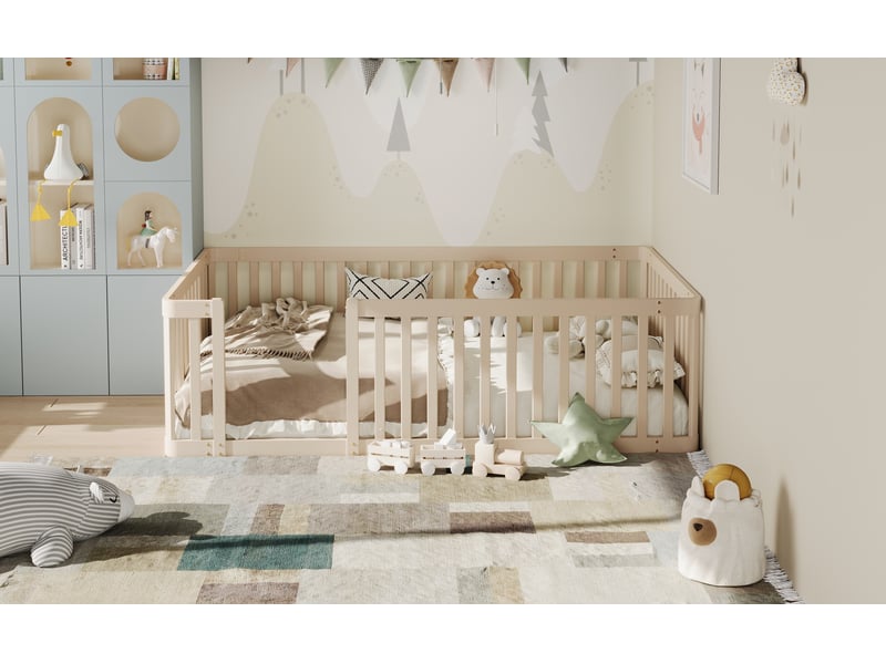 Lit simple 90x200 cm avec barrière, lit enfant bas, entrée latérale, structure en bois, crème, sans sommier ni matelas  - Conforama B