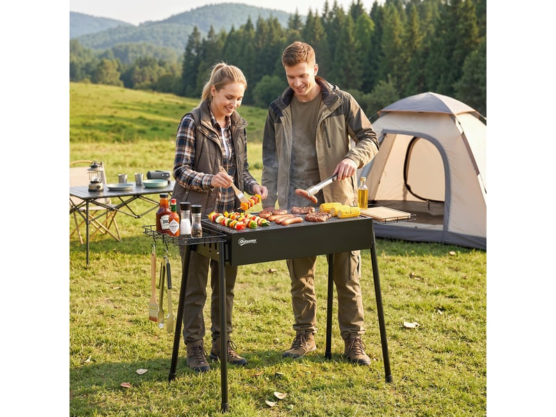  Barbecue au charbon portable avec 2 grilles en acier inoxydable et 2 porte-épices pour le camping – 94 x 39 x 70 cm – Noirro  - Conforama D