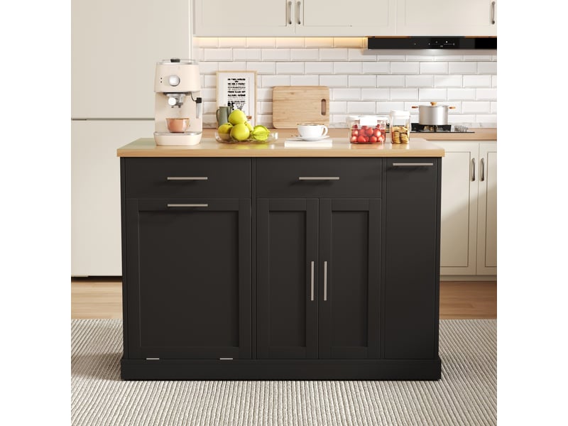 Desserte de cuisine avec plateau rabattable, 2 tiroirs, étagère à épices et roulettes, noire, 120 × 70 × 93 cm - Conforama C