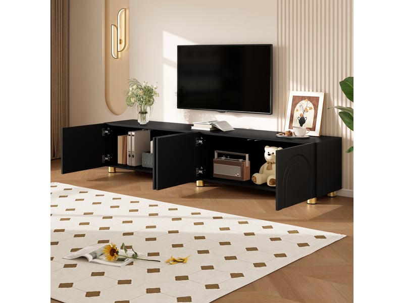  Meuble tv noir 180 cm avec 4 portes à relief 3d, meuble tv bas moderne avec pieds en métal pour salon, capacité 60 kg  - Conforama C