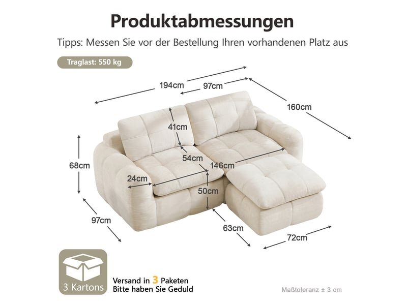 Canapé d'angle modulable 2 places avec ottoman, en chenille beige - Conforama C