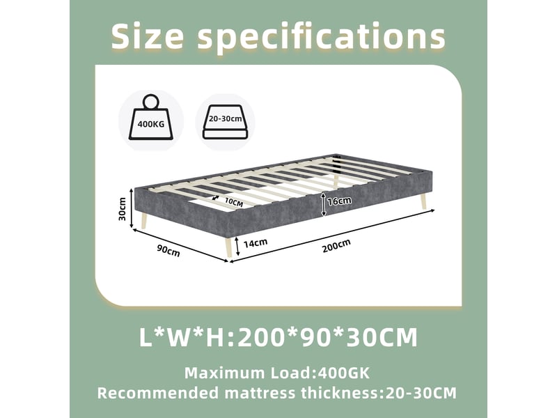  Cadre de lit, lit enfant 90x200 cm, cadre bas, velours gris, sans matelas  - Conforama C