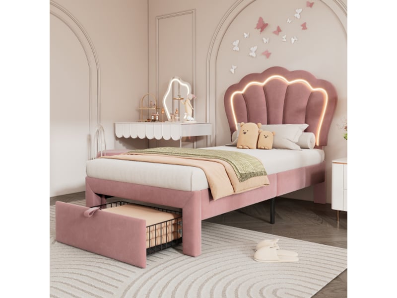  Lit enfant 90x190 cm velours rose - tête de lit réglable, led intégrée, tiroirs  - Conforama B