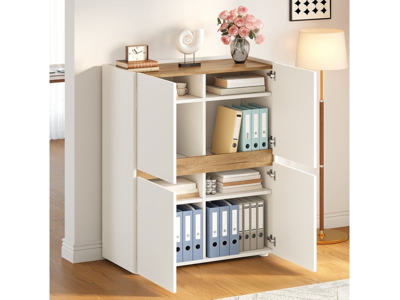 Meuble de rangement avec 4 portes et 8 niches, étagères réglables, pour bureau et salon, blanc et chêne clair - Conforama C