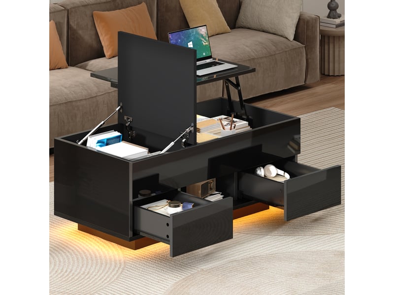 Table basse relevable 100x45x43 cm noire panneau de particules avec 2 tiroirs rangement led et câble usb evarich - Conforama B