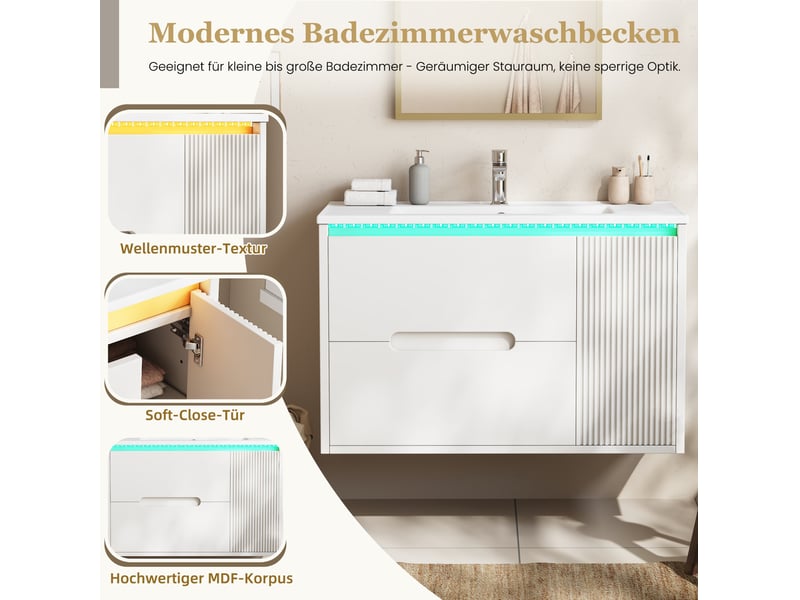  Meuble sous vasque mural avec 2 tiroirs, 1 porte, led et vasque en céramique pour salle de bain blanc 81 × 47 × 51 cm  - Conforama E