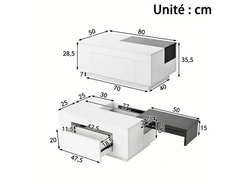  Table basse noire et blanche brillante avec led 16 couleurs, plateau extensible, tiroir et rangement caché  - Conforama C
