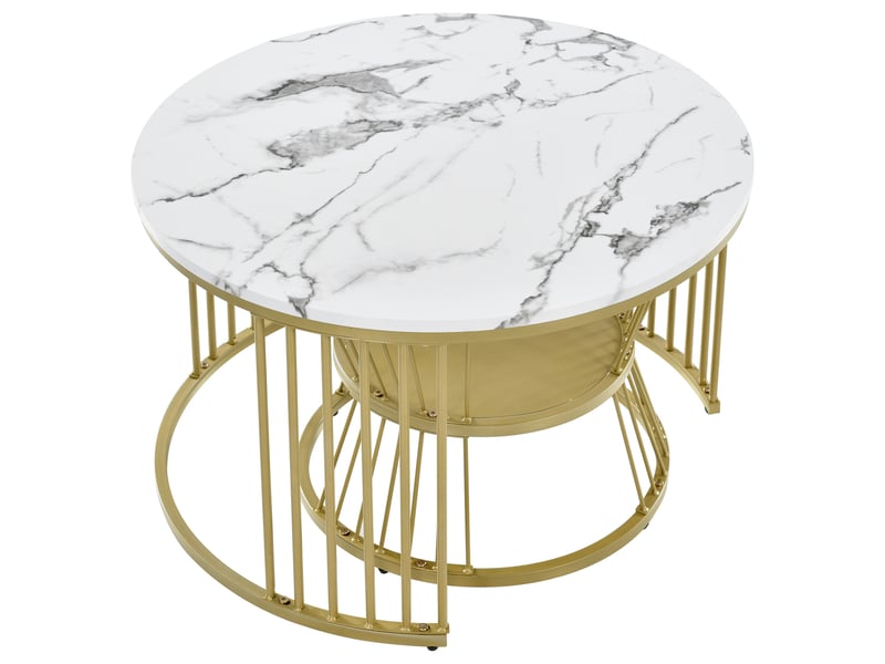 Lot de 2 tables basses rondes gigognes - 70 x 70 x 45.5 cm-or - table de salon style luxe discret effet marbre avec cadre doré - Conforama E