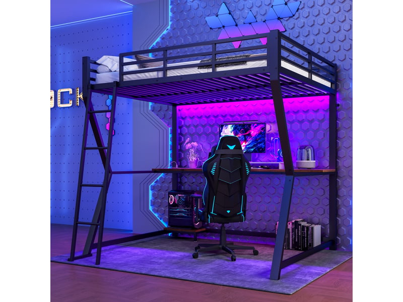  Lit mezzanine 140x200 cm avec bureau intégré, éclairage led télécommandé et prise usb, structure métal et mdf noir  - Conforama E